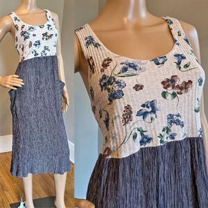 Vintage 90s Floral Midi Dress, Striped Skirt, Pockets Cottagecore Folk, Size 9